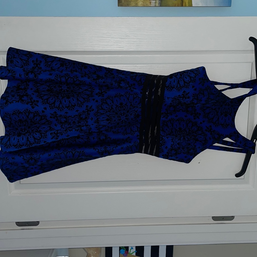 Blue with black flower prom/hoco dress